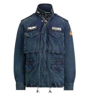Polo Ralph Lauren Mens Denim Hooded Military Field Patch Jacket NWT Sz L
